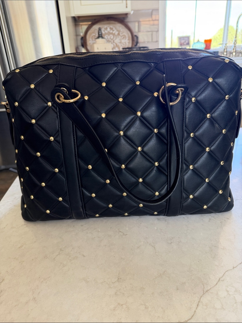 Black Quilted Tote with Gold Stud Accents